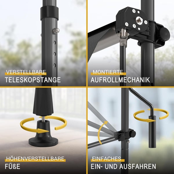Details einer Klemmmarkise mit verstellbarer Teleskopstange, montierter Aufrollmechanik, höhenverstellbaren Füßen und Kurbelbedienung.