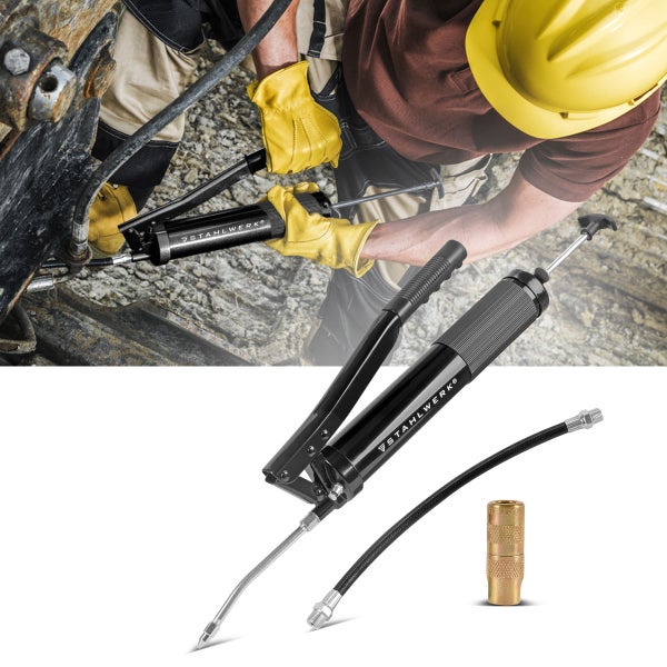 Stahlwerk Fettpresse mit Zubehör im Einsatz