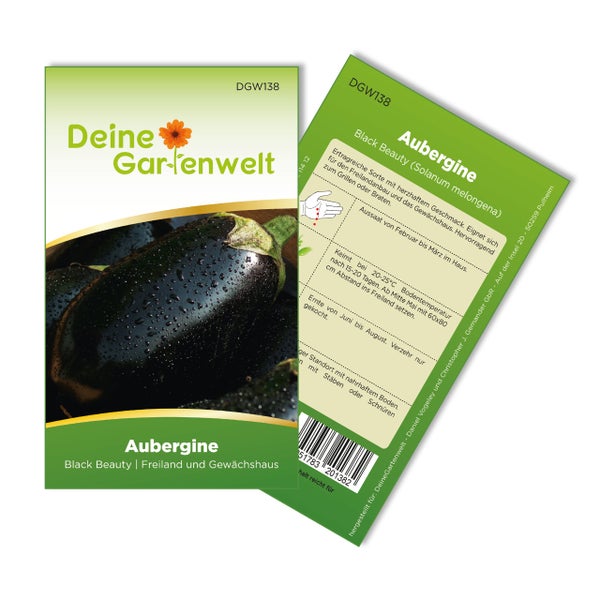 Samentüte für Aubergine Black Beauty von Deine Gartenwelt, geeignet für Freiland und Gewächshaus, mit Aussaat- und Pflegeanleitung.