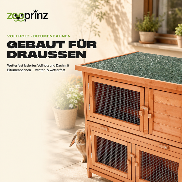 Zweistöckiger Kleintierstall aus wetterfestem Vollholz mit Bitumendach für den Außenbereich.