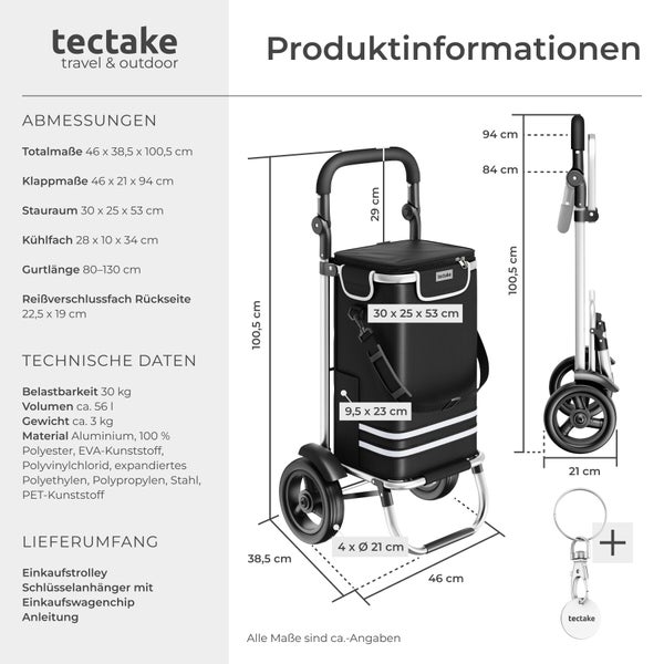 Informationsgrafik mit Maßen und technischen Daten zum tectake Einkaufstrolley mit circa 56 Liter Volumen und 30 Kilogramm Belastbarkeit.