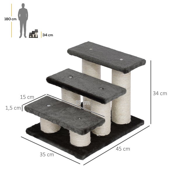 PawHut Tiertreppe Katzentreppe 3 Stufen Hundetreppe Treppe für Katze und Hunde Plüsch Dunkelgrau 45 x 35 x 34 cm