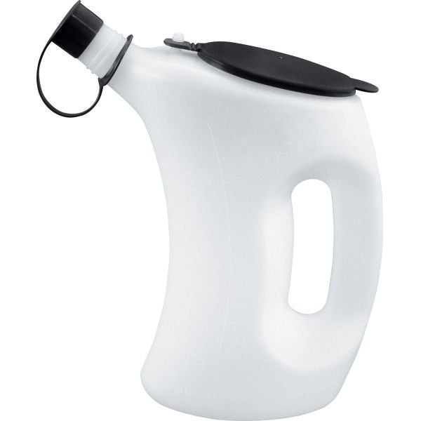 Weiße Urinflasche mit schwarzem Deckel und Griff