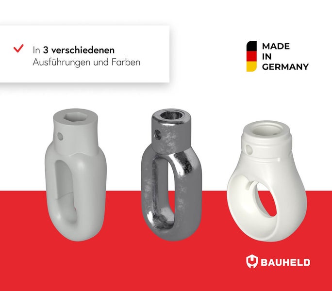 Drei verschiedene Bolzenverbinder aus Metall und Kunststoff