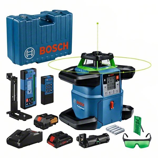 Bosch Professional Rotationslaser GRL 600 CHV mit Empfänger, Fernbedienung, Akkus, Ladegerät, Laserbrille und Koffer als Set.