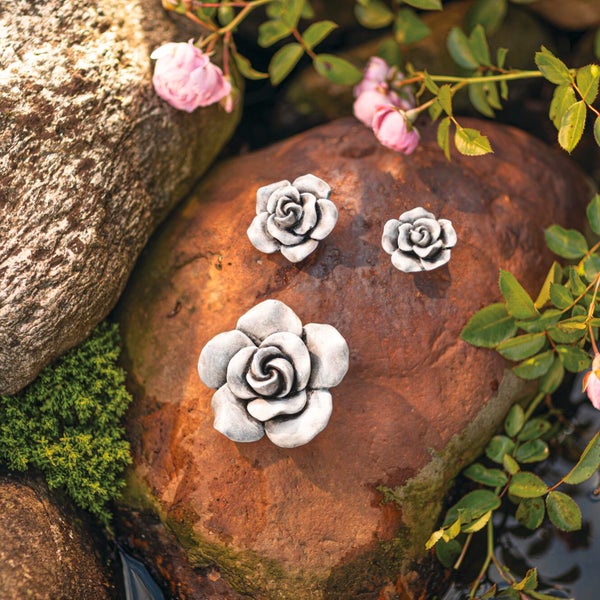 FRANK FLECHTWAREN|Rosendeko Blüten, 3er Set, 4,5 x 4,5 x 2 cm, 6 x 6 x 3 cm, 9 x 9 x 4 cm, POLYRESIN