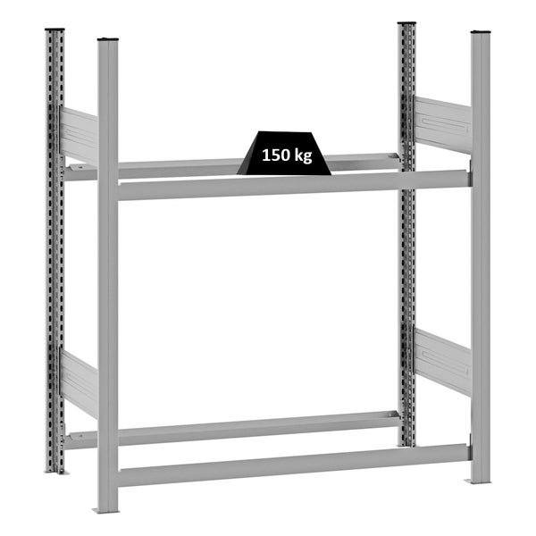 Metall-Schwerlastregal-Rahmen mit einer Tragkraft von 150 Kilogramm pro Ebene.