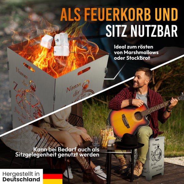 Feuerkorb mit Marshmallows über dem Feuer, daneben eine Person mit Gitarre und das Label Hergestellt in Deutschland.