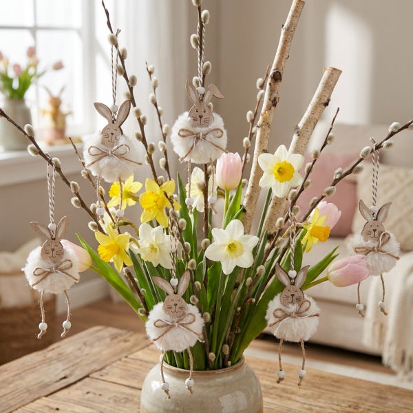 Osterstrauß in einer Vase mit Weidenkätzchenzweigen, Narzissen, Tulpen und hängenden Osterhasenfiguren aus Holz und Plüsch als Tischdekoration.