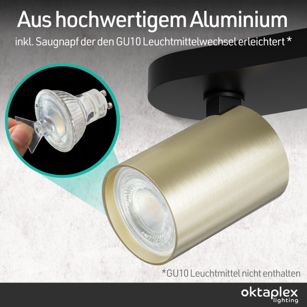 Goldener Aluminiumstrahler mit GU10 Fassung und Saugnapf zum Leuchtmittelwechsel. Leuchtmittel nicht enthalten. oktaplex lighting Logo.