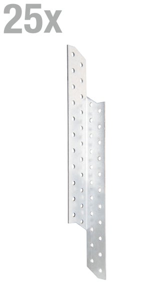 Set aus 25 verzinkten Lochplatten für Holzverbindungen.