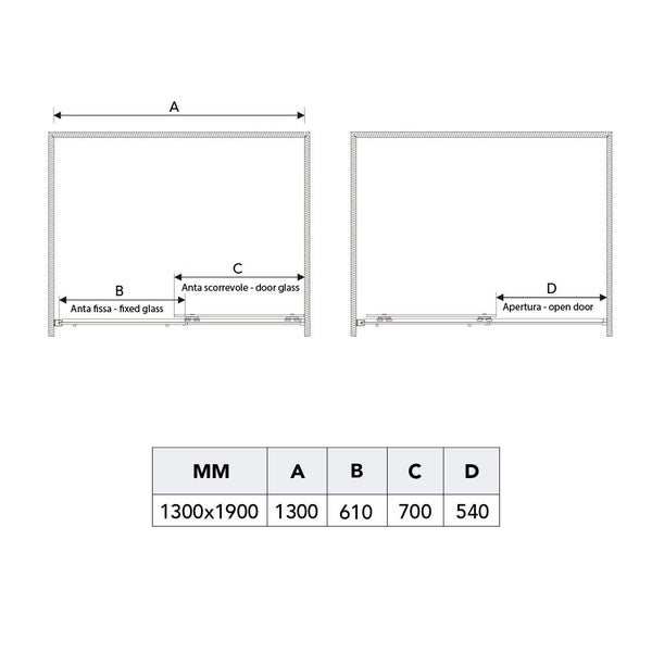Technische Zeichnung einer Duschkabine mit Maßangaben