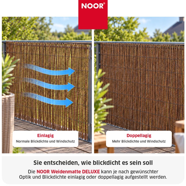 Vergleichsbild der Noor Weidenmatte Deluxe als einlagiger und doppellagiger Sichtschutz und Windschutz am Balkongeländer montiert.