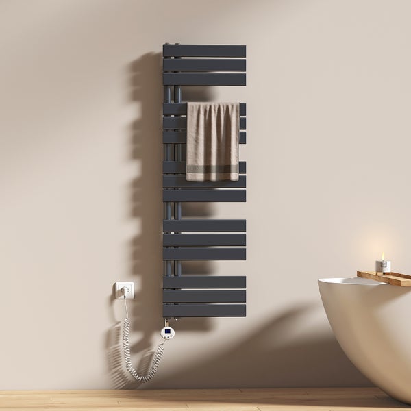 EMKE Elektrischer Badheizkörper 132x40 cm, 600W, Flachrohr Heizkörper, Design Handtuchwärmer mit Thermostat & Timer, vertikal, seitlich offen, Anschluss links, für Badezimmer, Anthrazit
