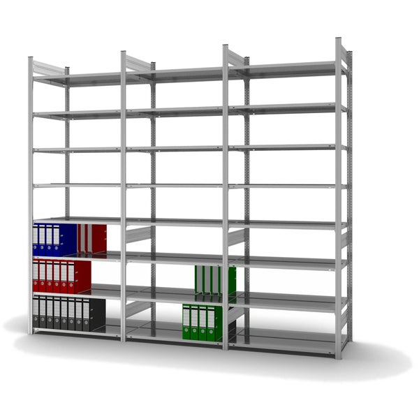 PROREGAL Aktenregal Stecksystem T-Profil Grundregal HxBxT 270 x 100 x 60 cm 8 Ebenen Fachlast 90 kg Beidseitig Nutzbar Verzinkt