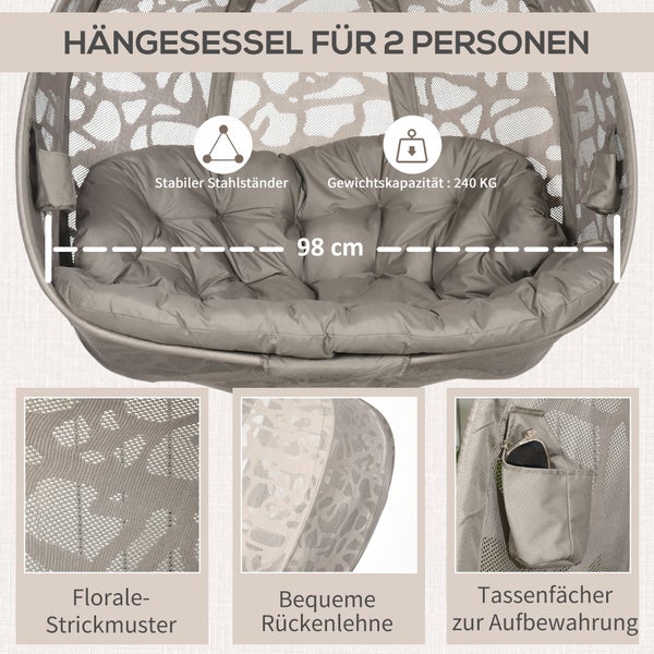Outsunny Hängesessel, 2 Sitzer Hängestuhl mit Kissen, für Indoor, Outdoor, bis 240 kg Belastbar, 130L x 103B x 172H cm, Polyester+Stahl, Sand