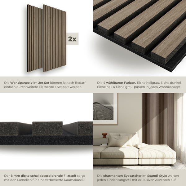 Akustikpaneele tectake Sonic Wall je 60 x 120 x 2,1 cm, Größe flexibel anpassbar Holzoptik in Eiche dunkel  Eiche dunkel