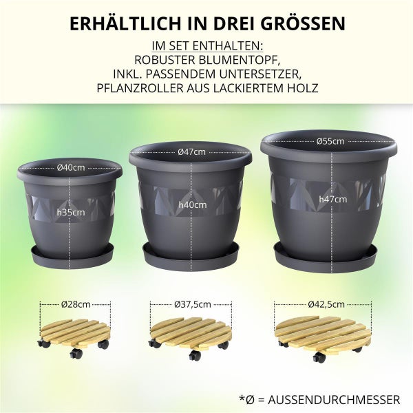 Plastard Blumentopf Ø40 cm Anthrazit inkl. Pflanzenroller & Untersetzer– Wetterfest & Mobil