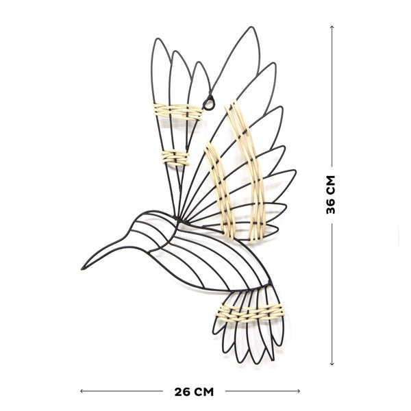 Wanddekoration Kolibri aus Metall und Rattan, Höhe 36 Zentimeter, Breite 26 Zentimeter.