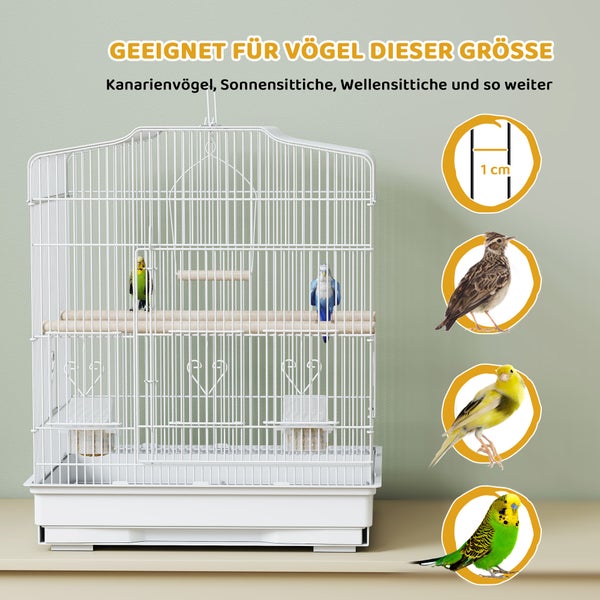 Vogelkäfig mit Gitterabstand von 1 Zentimeter, geeignet für Kanarienvögel und Wellensittiche, inklusive Sitzstangen und Futternäpfen.