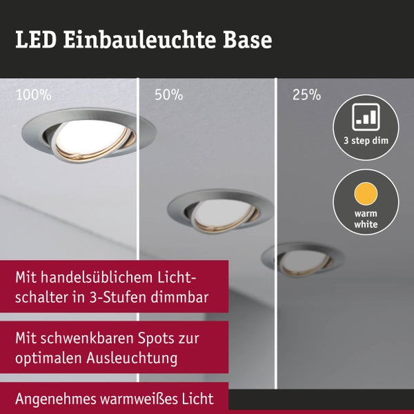 LED-Einbauleuchte Base mit 3-Stufen-Dimmfunktion über Lichtschalter bei 100, 50 und 25 Prozent, schwenkbare Spots, warmweißes Licht.