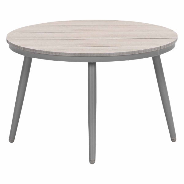 Runder Beistelltisch mit Tischplatte in Holzoptik und drei grauen Metallbeinen.