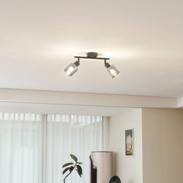 Deckenleuchte mit zwei Strahlern und klaren Glasschirmen