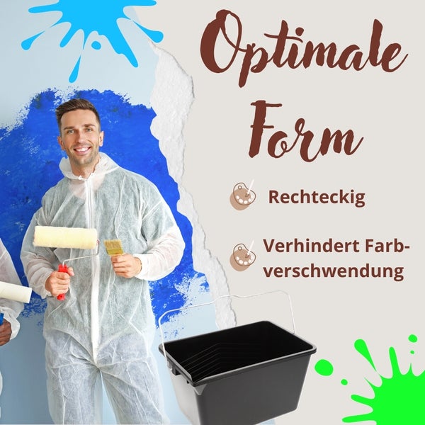 Maler im Schutzanzug mit Farbroller und Pinsel neben einem rechteckigen Farbeimer. Text: Optimale Form, rechteckig, verhindert Farbverschwendung.
