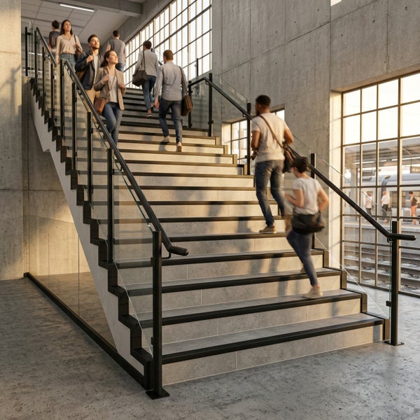 Moderne Treppe mit Steinstufen und Glasgeländer mit Metallpfosten in einem hellen, industriellen Gebäude mit Betonwänden.