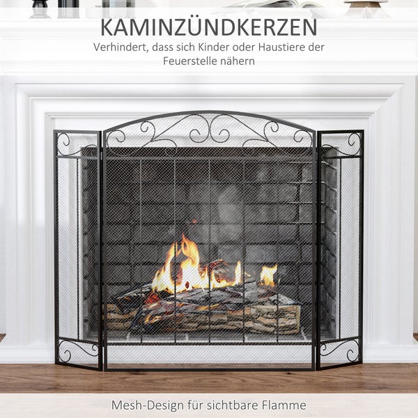 HOMCOM Kaminschutzgitter, Klappbares Kamingitter mit 3 Paneelen, Ofenschutzgitter, Funkenschutzgitter für Wohnzimmer, Stahl, 105 x 80,5 cm, Schwarz