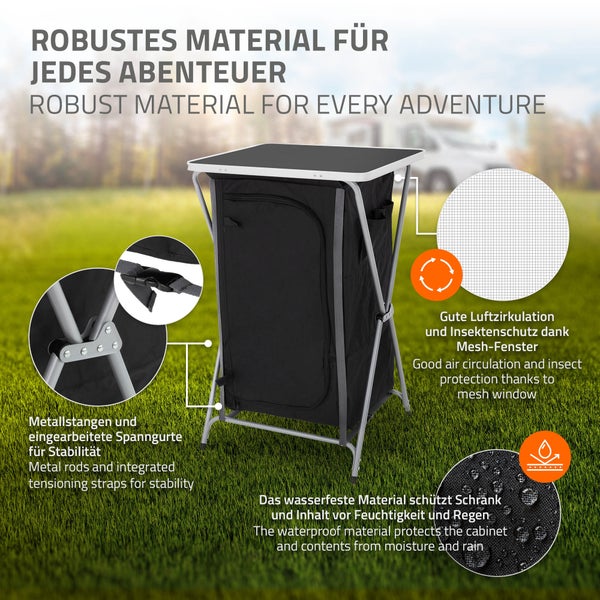 ECD Germany Campingschrank faltbar, Grau-Schwarz, 60x97,5x53 cm, Campingküche mit Aluminiumgestell, Küchenbox tragbar mit Arbeitsplatte, 3 Ablagen und Tragetasche, Outdoorschrank Faltschrank aus Stoff