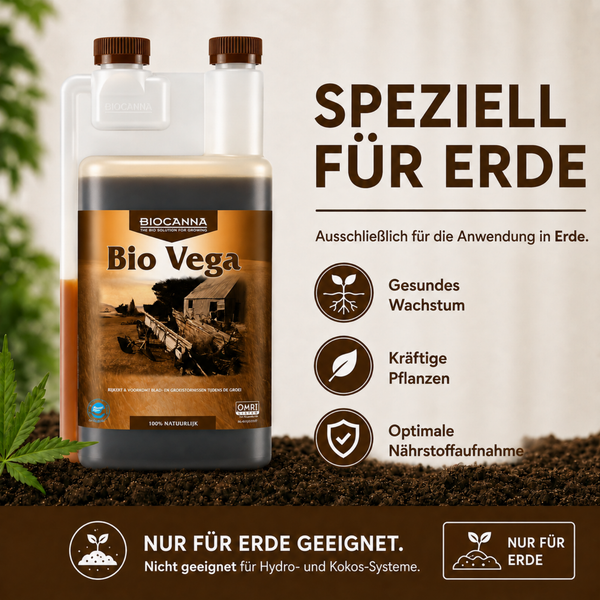 Biocanna Bio Vega organischer Pflanzendünger für Erde in einer Kunststoffflasche mit Anwendungshinweisen und Logos.