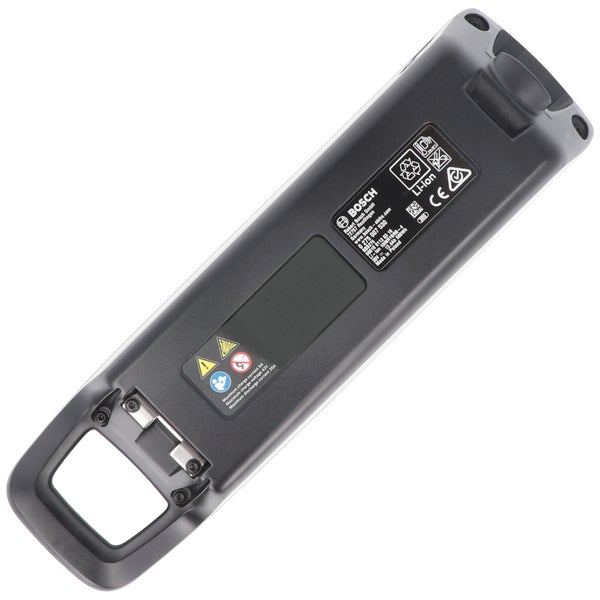 Bosch Lithium-Ionen Akku für Elektrofahrräder Rückansicht mit technischen Spezifikationen, Sicherheitshinweisen und Bosch Logo.