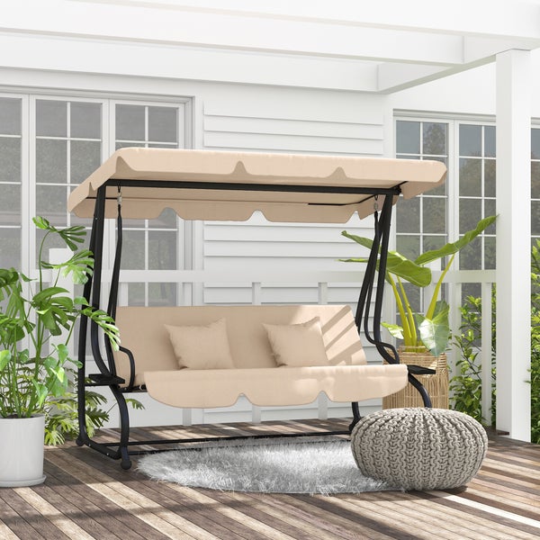 Outsunny 2 in 1 Hollywoodschaukel mit Liegefunktion 3-Sitzer Gartenschaukel mit Sonnendach, Getränkehalter Kissen Schaukelbank belast bis 340kg, Gartenliege für Garten, Terrasse, 200x120x164 cm, Braun