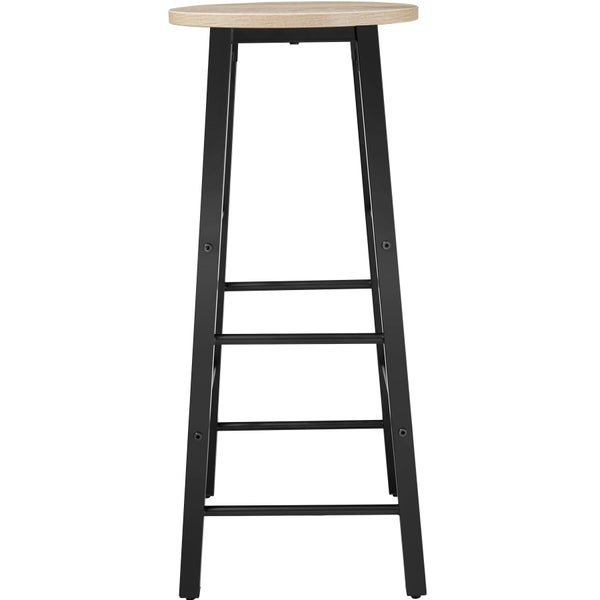 Barhocker mit runder Sitzfläche aus hellem Holz und schwarzem Metallgestell.