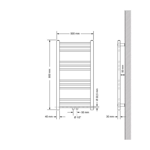 ECD Germany Badheizkörper Mittelanschluss 500 x 800 mm Weiß gerade mit Thermostat und Anschlussgarnitur Universal Eck- und Durchgangsform Weiß - Heizkörper Heizung Handtuchwärmer Handtuchtrockner