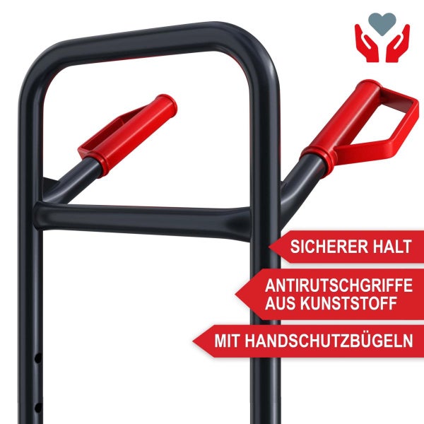 Sackkarre mit rutschfesten Kunststoffgriffen und Handschutzbügeln für einen sicheren Halt.
