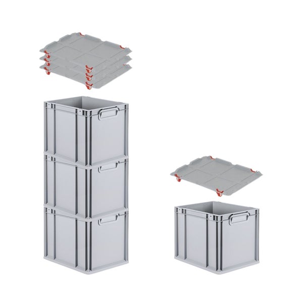 PROREGAL Spar Set 4x Eurobox Nextgen Economy Mit Auflagedeckel & 4x Schiebeschnappverschlüsse Rot Griffe Geschlossen HxBxT 32 x 30 x 40 cm 30 Liter