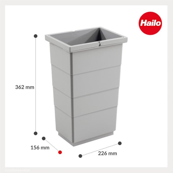 Grauer Hailo Abfalleimer aus Kunststoff mit Maßen: Höhe 362 Millimeter, Tiefe 156 Millimeter, Breite 226 Millimeter. Hailo Logo.