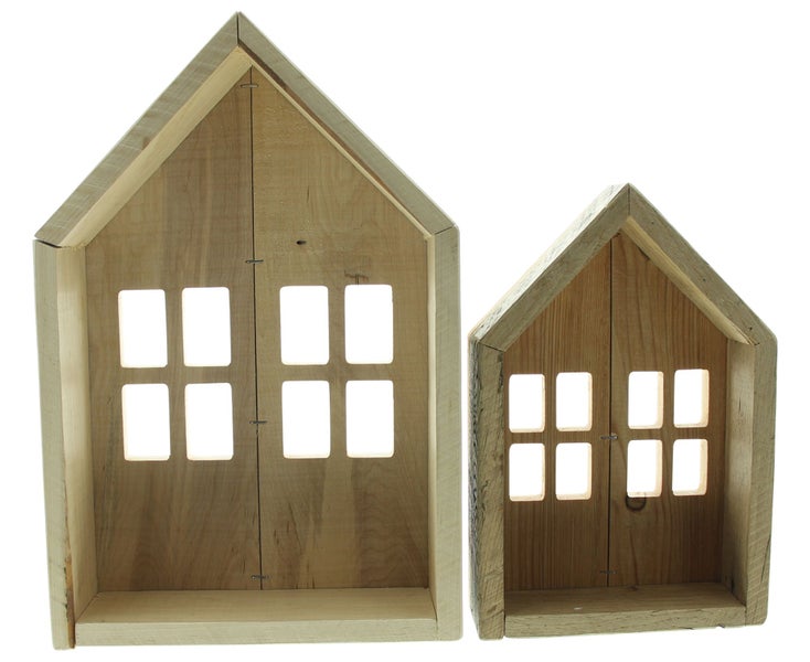 FRANK FLECHTWAREN | Holzdeko Häuschen, 2er Set, HOLZ, 18 x 6 x 27 cm, 25 x 8 x 37 cm