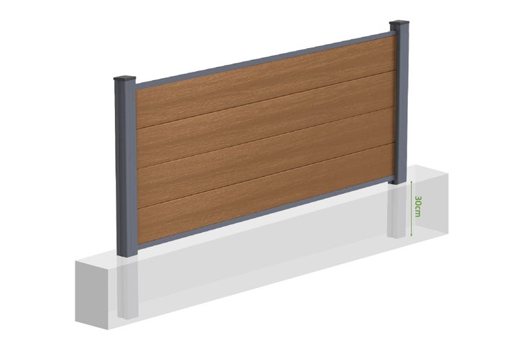 Sichtschutzzaun aus WPC in Braun mit anthrazitfarbenem Aluminiumrahmen und Pfosten, Einbautiefe von 30 Zentimetern im Betonfundament.