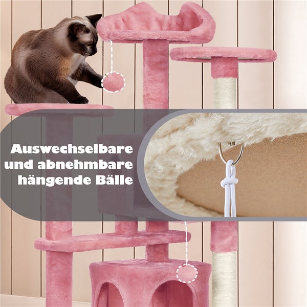 Katze auf einem Katzenkratzbaum mit austauschbaren und abnehmbaren Hängekugeln