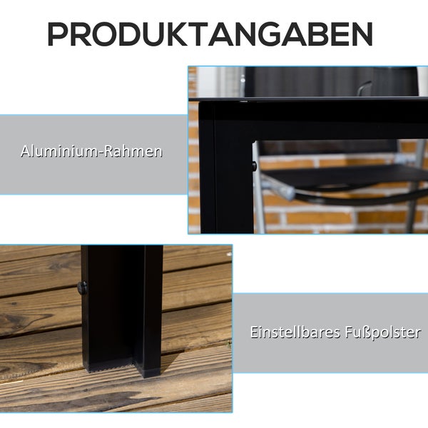 Outsunny Gartentisch, Garten Esstisch für 6 Personen, Terrassentisch mit Glastischplatte, Partytisch aus Alu, Balkontisch, Schwarz, 150 x 90 x 74 cm