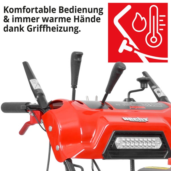 Detailaufnahme der Bedienelemente einer Schneefräse mit Griffheizung und zugehörigem Symbol.