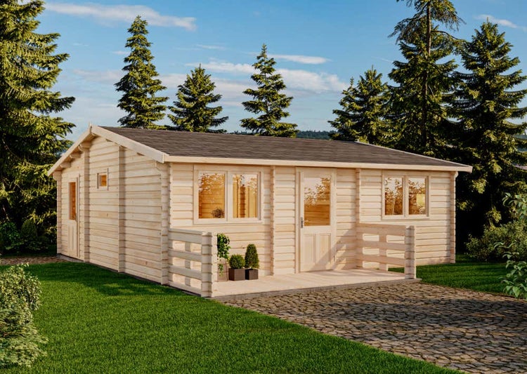 Alpholz Gartenhaus Hakan Gartenhaus aus Holz, Holzhaus mit 44 mm Wandstärke inklusive Terrasse, Blockbohlenhaus mit Montagematerial, Naturbelassen 7,2x7,7m