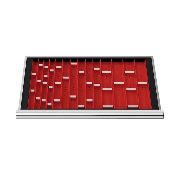 Schubladeneinteilung mit Längsfächern und verstellbaren Trennstegen für Werkstattwagen