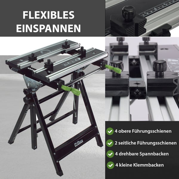 Trützholm Werktisch mit flexiblen Spannbacken und verstellbaren Führungsschienen für vielseitige Einspannmöglichkeiten bei Heimwerkerarbeiten.
