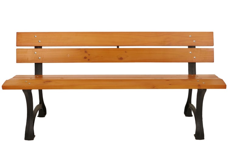 Holzbank mit Rückenlehne und schwarzen Metallbeinen