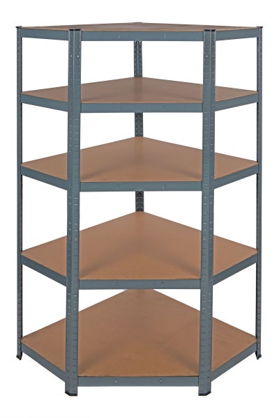 Eckregal mit fünf Fachböden aus Holz und Metallgestell für die Lagerung in Keller oder Werkstatt.
