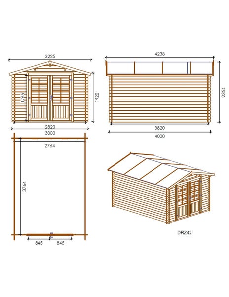 Technische Zeichnung und Grundriss eines Gartenhauses aus Holz mit Maßen in Millimetern und einer Perspektivansicht.